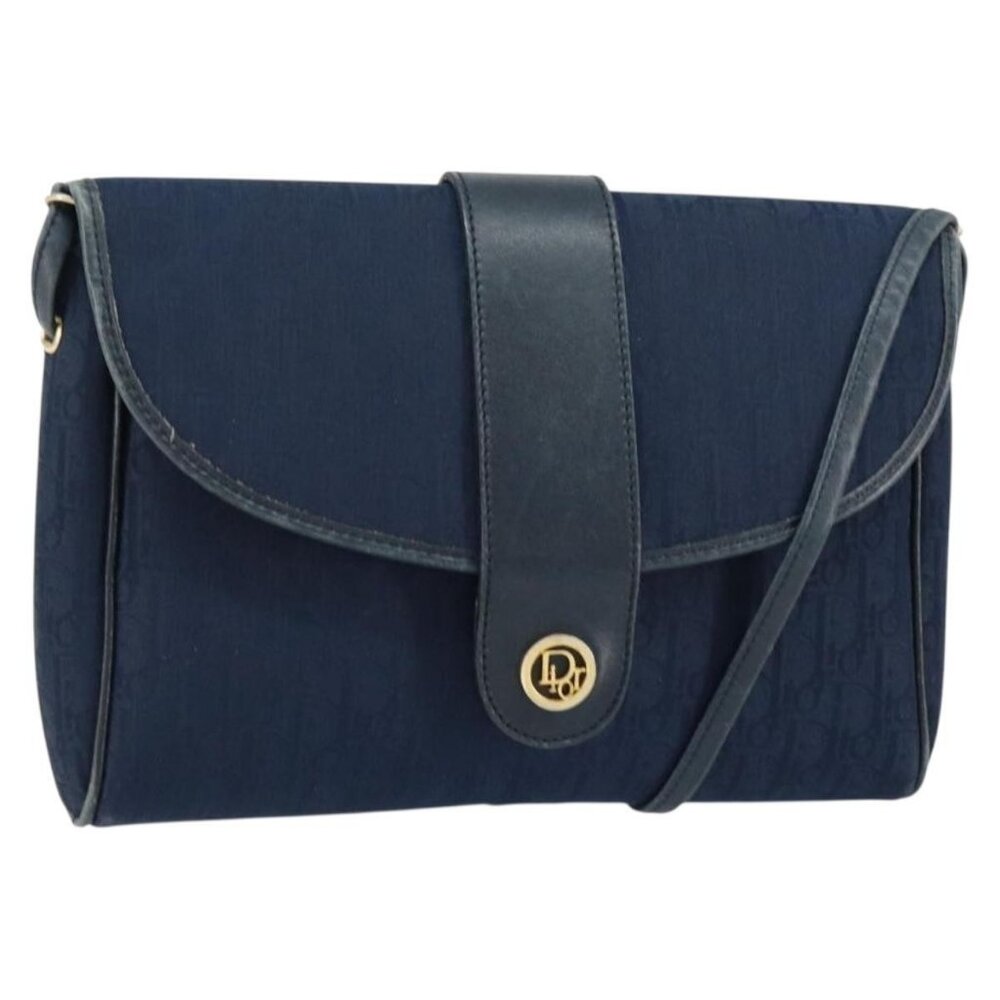 Authentic Christian Dior Trotter Canvas Shoulder Bag Navy Gold